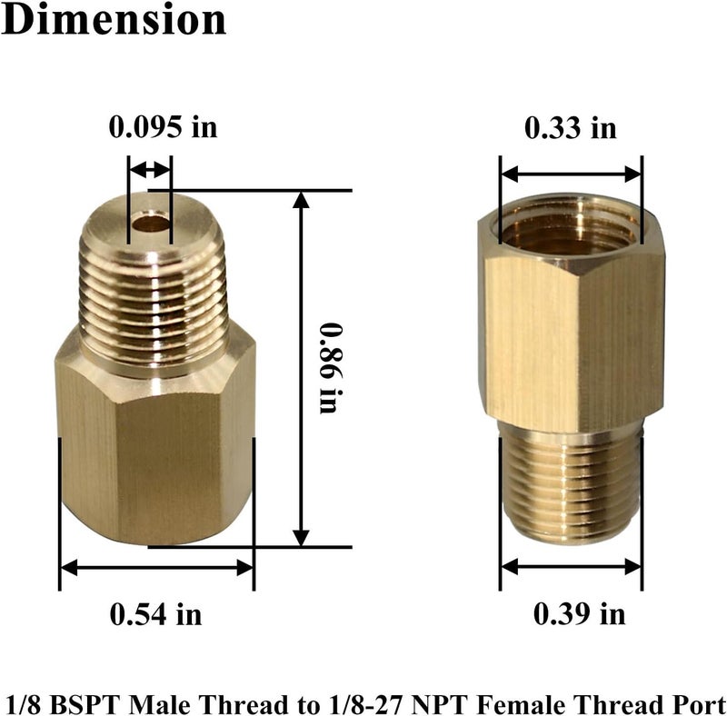 Zeiboat 2PCS 1/8 BSPT Male to 1/8-27 NPT Female, Thread Adapter for Gauge - Image 2